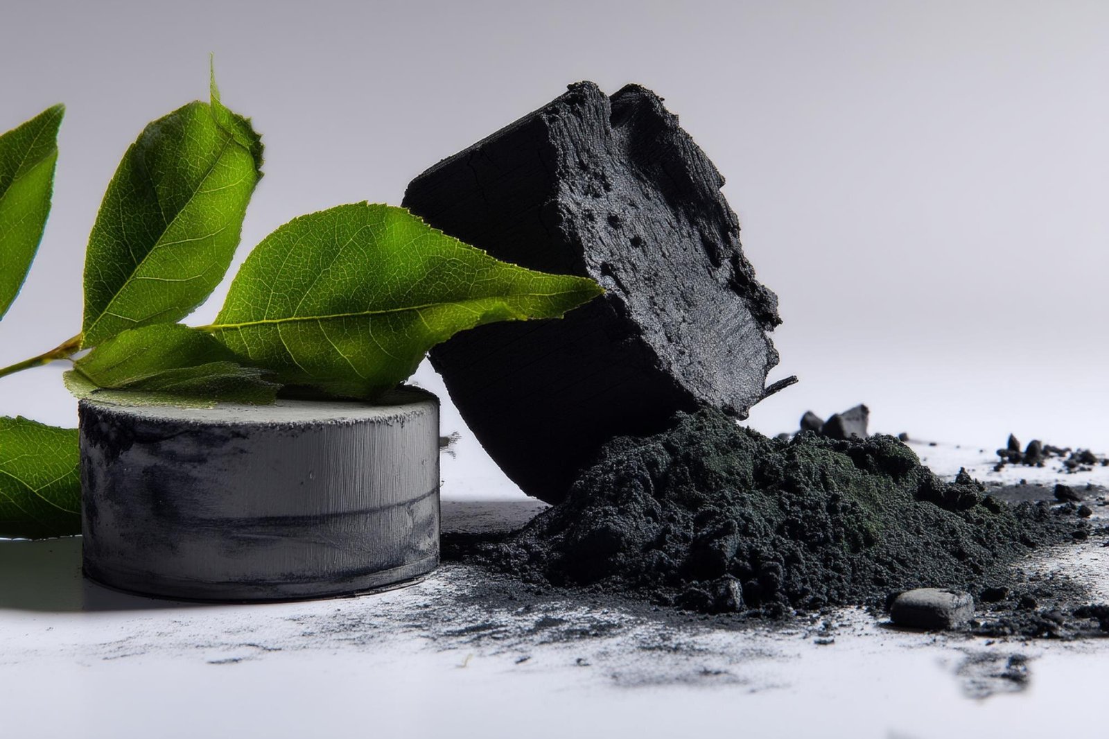 Activated carbon granules with glossy black porous structure displaying high surface area texture. Granules are arranged on a light neutral background, showcasing the material's dense microporous composition used in industrial water purification and air filtration applications.