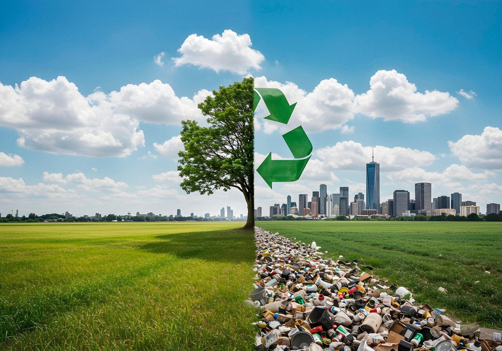 Tree split vertically down the middle with lush green foliage and healthy branches on the left side representing environmental sustainability, while the right side is barren and surrounded by accumulated waste including plastic bottles, cardboard boxes, and discarded materials representing pollution. A green recycling symbol with three arrows curves above the tree trunk. A modern city skyline with tall buildings is visible in the distant background under a blue sky with white clouds. The image symbolizes the contrast between ecological health and waste management challenges, conveying both concern about environmental damage and hope through the recycling symbol.